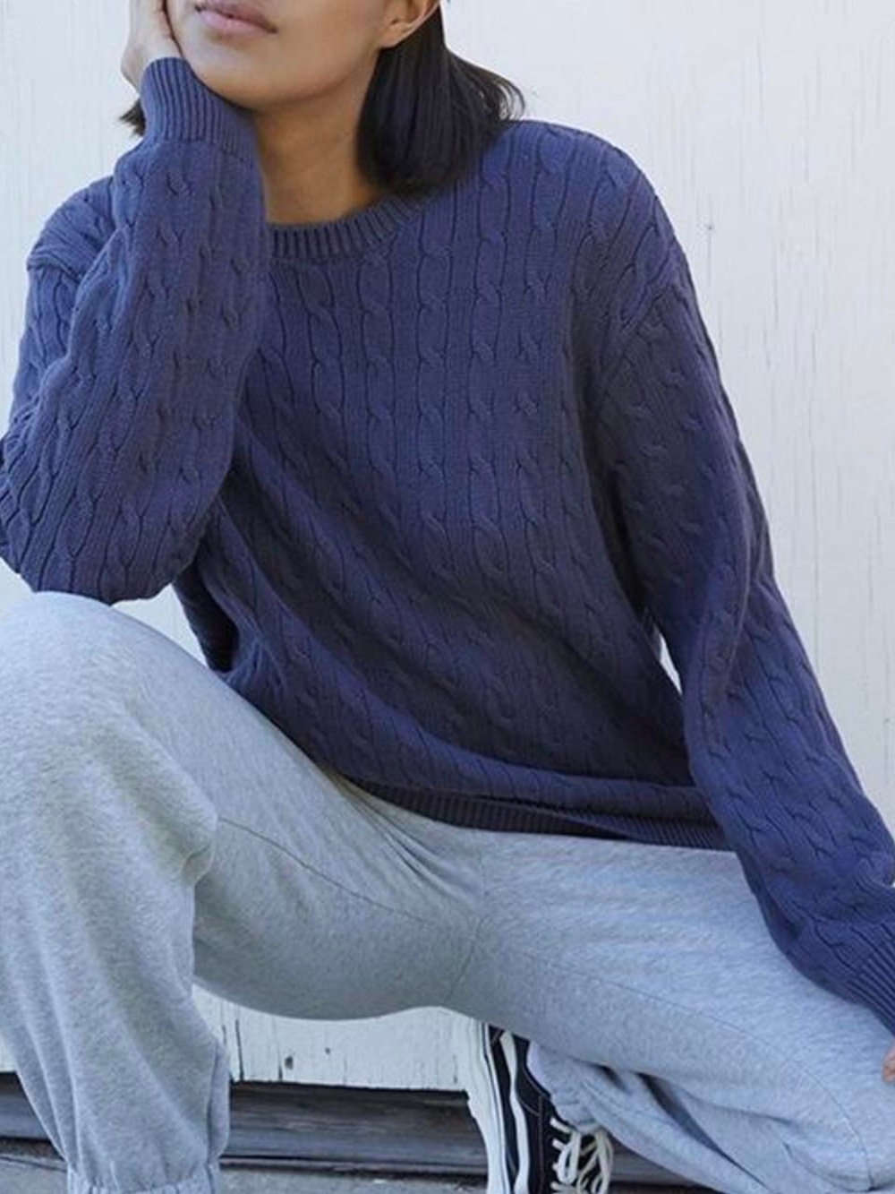 John Galt Brianna Classic Cable Knit Sweater Navy